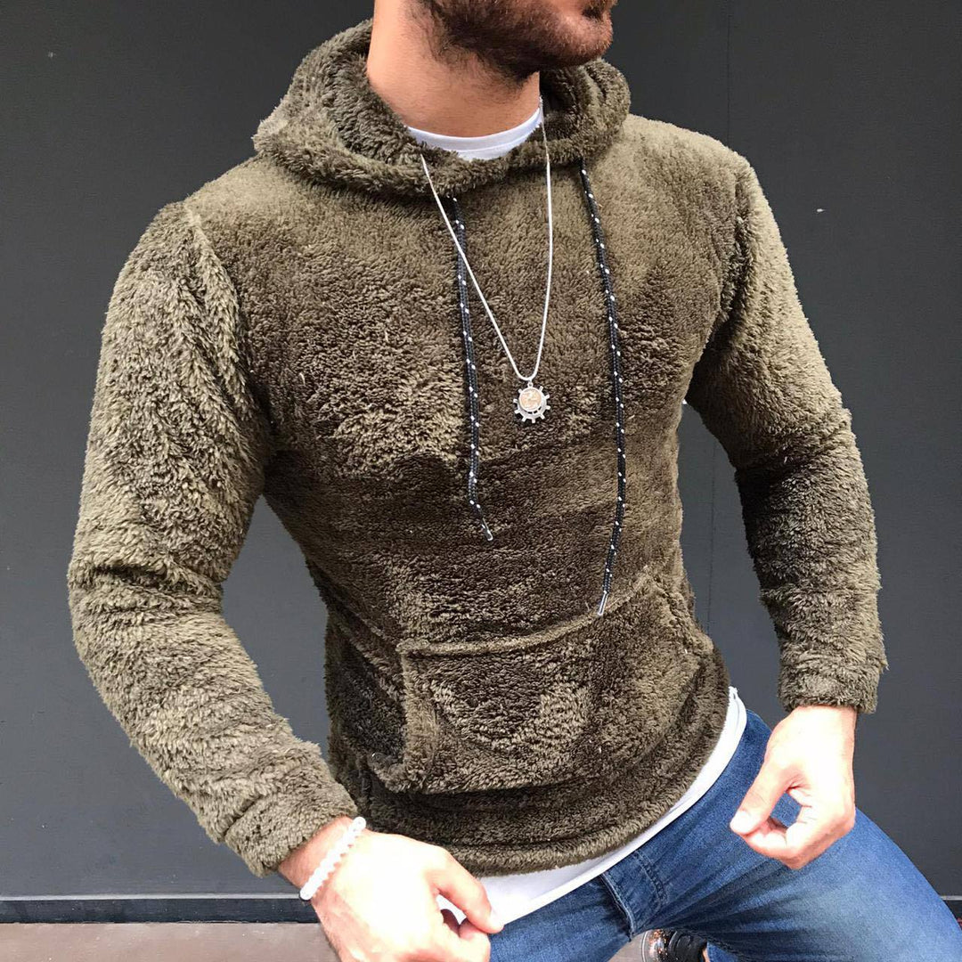 Herren nan Teddy-Plüsch Kapuzenpullover mit schmaler Passform und Kängurutasche EB