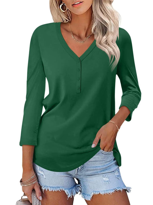 Damen Langarm T-Shirt mit Knopfleiste und V-Ausschnitt EB