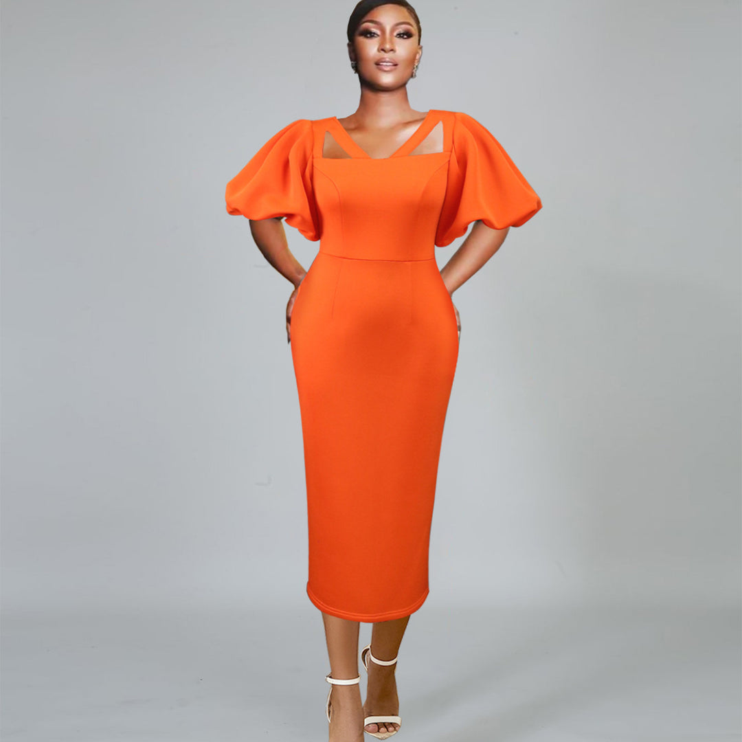 Damen Figurbetontes Kleid mit voluminösen Puffärmeln und innovativem Ausschnitt EB
