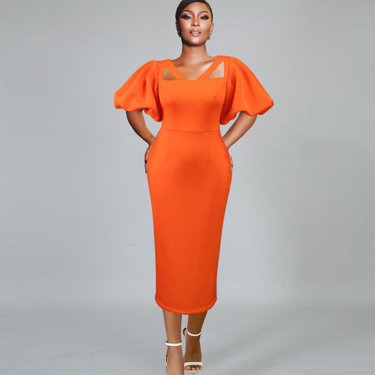 Damen Figurbetontes Kleid mit voluminösen Puffärmeln und innovativem Ausschnitt EB