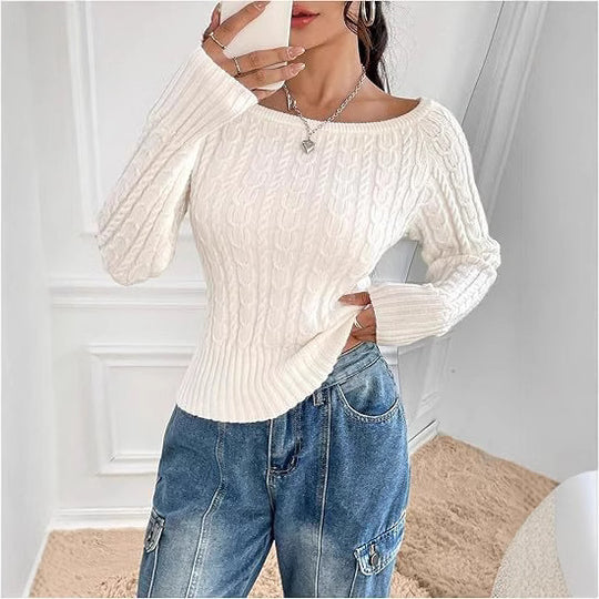 Damen Grobstrick Pullover mit offener Schulterpartie und Zopfmuster EB