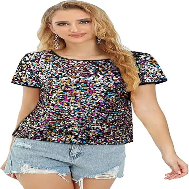 Damen Glitzerndes Pailletten T-Shirt mit lässigem Schnitt und komfortablem Baumwollmaterial EB