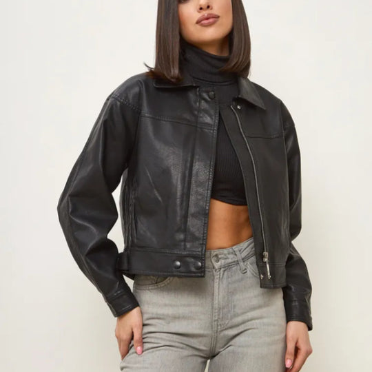 Damen modische cropped Kunstlederjacke mit eleganten Details EB