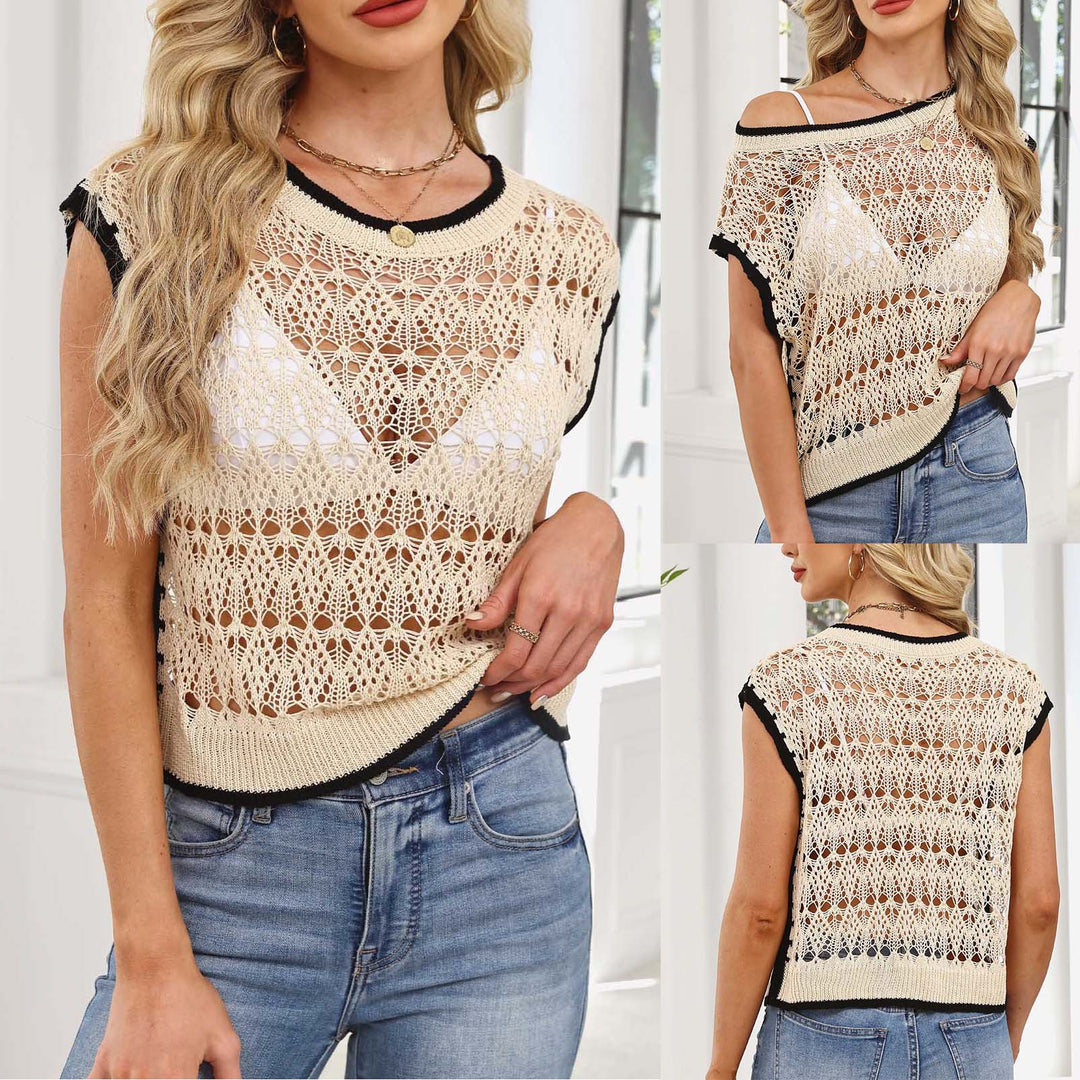 Damen luftiges Häkel-Top mit elegantem Rundhalsausschnitt EB