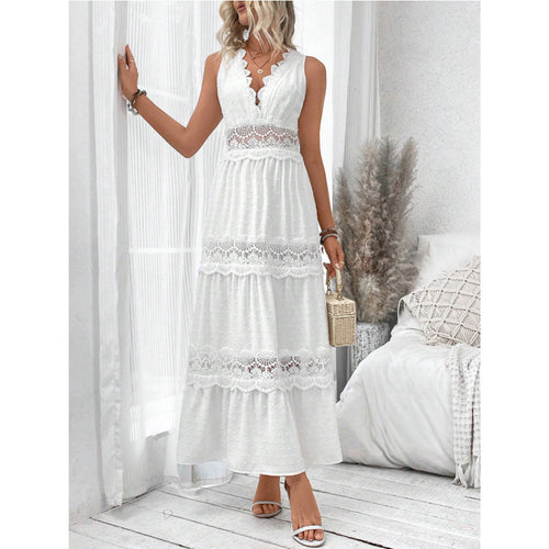 Damen romantisches Maxikleid mit Spitzenapplikationen und punktiertem Design EB
