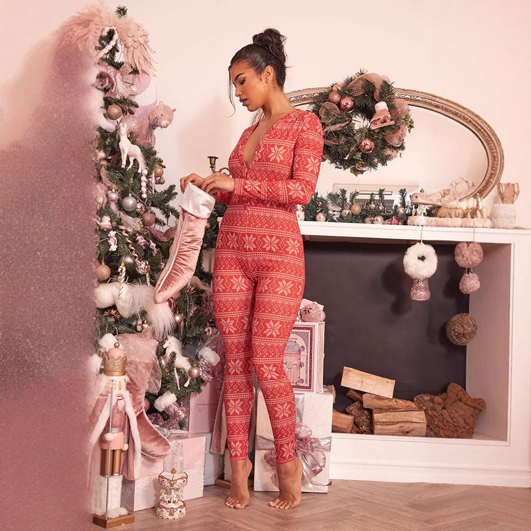 Damen Gemütlicher Jumpsuit mit Weihnachtsmotiv und langer Arm EB