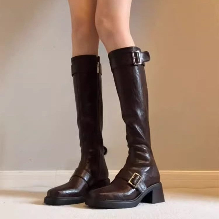 Damen modische Stiefel mit elegantem Schnallenverschluss und robustem Blockabsatz EB