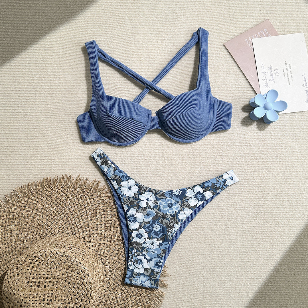 Damen Balconette-Bikini mit floralem Design und raffiniertem Träger EB