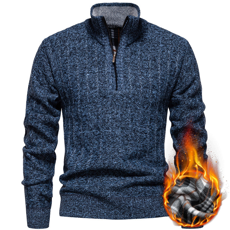 Herren nan gerippter Troyer-Pullover mit Halbzip, Zopfmuster und wärmender Innenverarbeitung EB