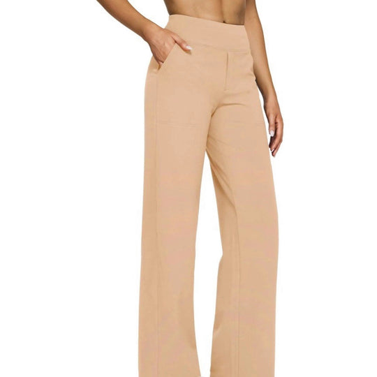 Damen nan fließende High-Waist-Hose mit extra weitem Bein, elastischem Komfortbund und Eingrifftaschen EB