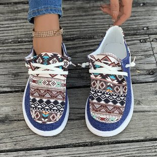 Damen Bequeme Sneaker mit buntem Tribal-Muster und elastischen Schnürsenkeln EB