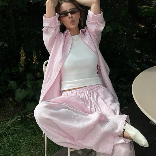 Damen nan luftiges Leinen-Loungeset mit Oversize-Hemd und weiter Bundhose mit Gummizug EB