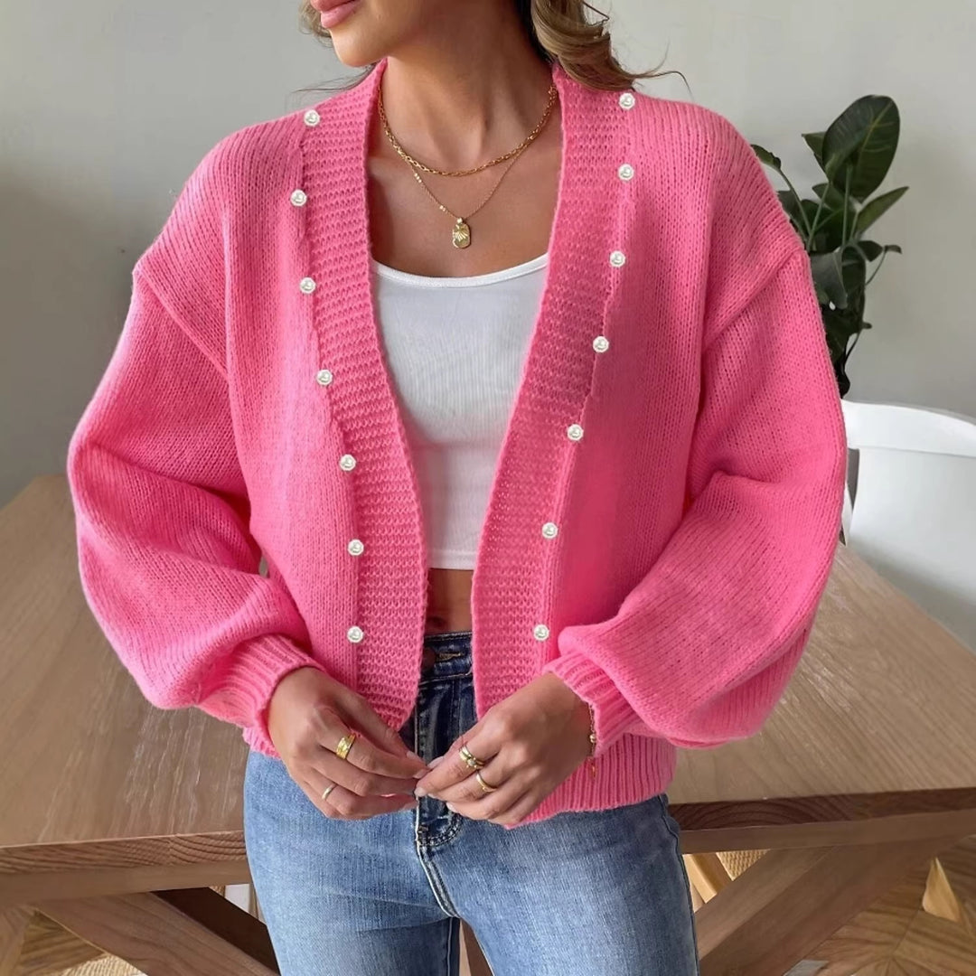 Damen nan Strickcardigan mit Perlenknöpfen und Balloon-Ärmeln EB