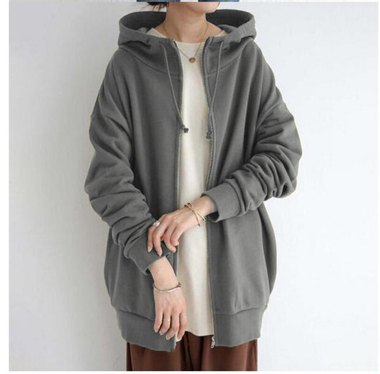 Damen nan oversized Kapuzenlongpullover mit Reißverschluss und Eingrifftaschen EB