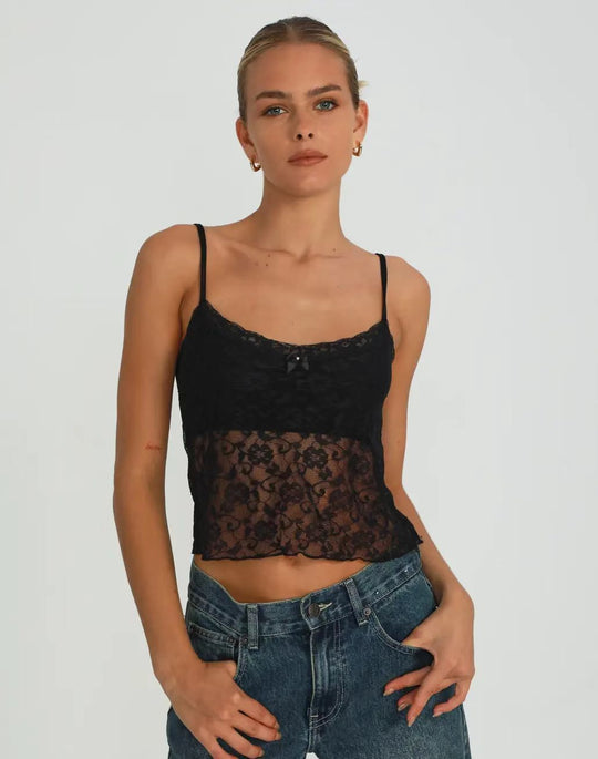 Damen Spitzen-Cami-Top mit zarter Blumenstickerei und feinen Trägern EB