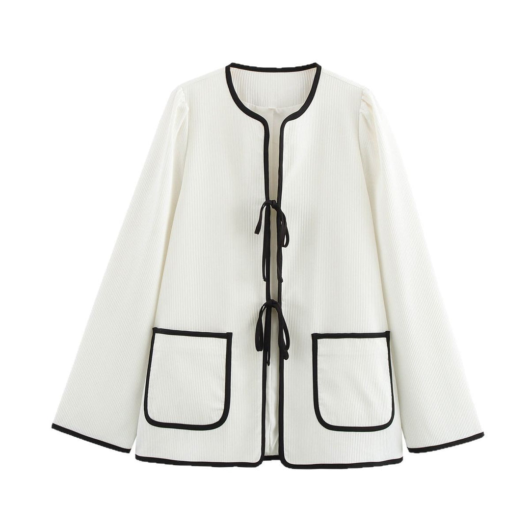 Damen modische Überziehjacke mit eleganten Binde-Details und praktischen Taschen EB