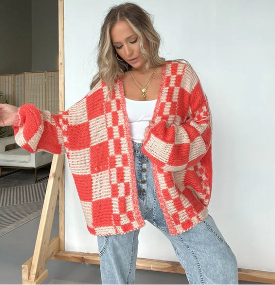 Damen lässiger Strickcardigan mit Karomuster und oversized Schnitt EB