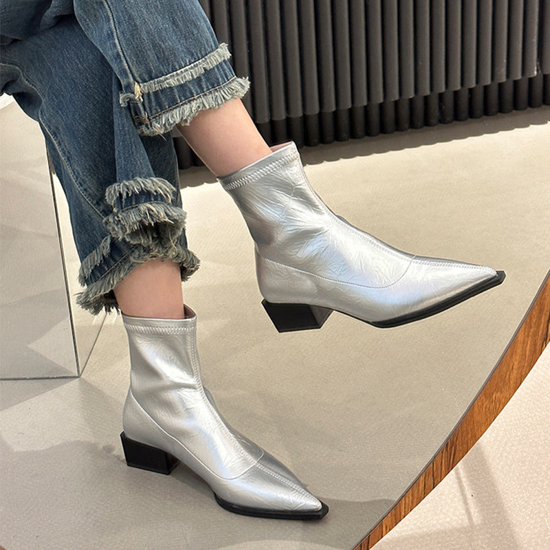Damen elegante Stiefeletten mit spitzem Zehenbereich und Blockabsatz EB