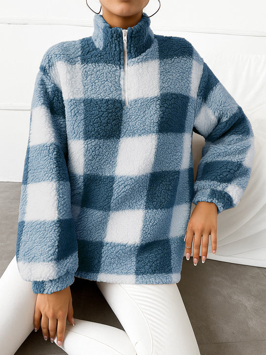 Damen nan kariertes Teddy-Fleece Pullover mit Stehkragen und halbhohem Reißverschluss EB