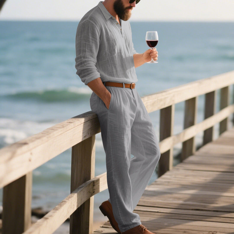 Herren eleganter Freizeit-Jumpsuit mit praktischen Taschen und stylischem Henley-Ausschnitt EB