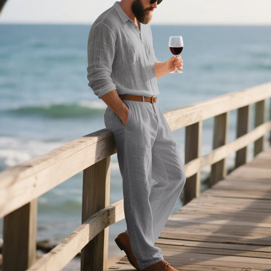Herren eleganter Freizeit-Jumpsuit mit praktischen Taschen und stylischem Henley-Ausschnitt EB