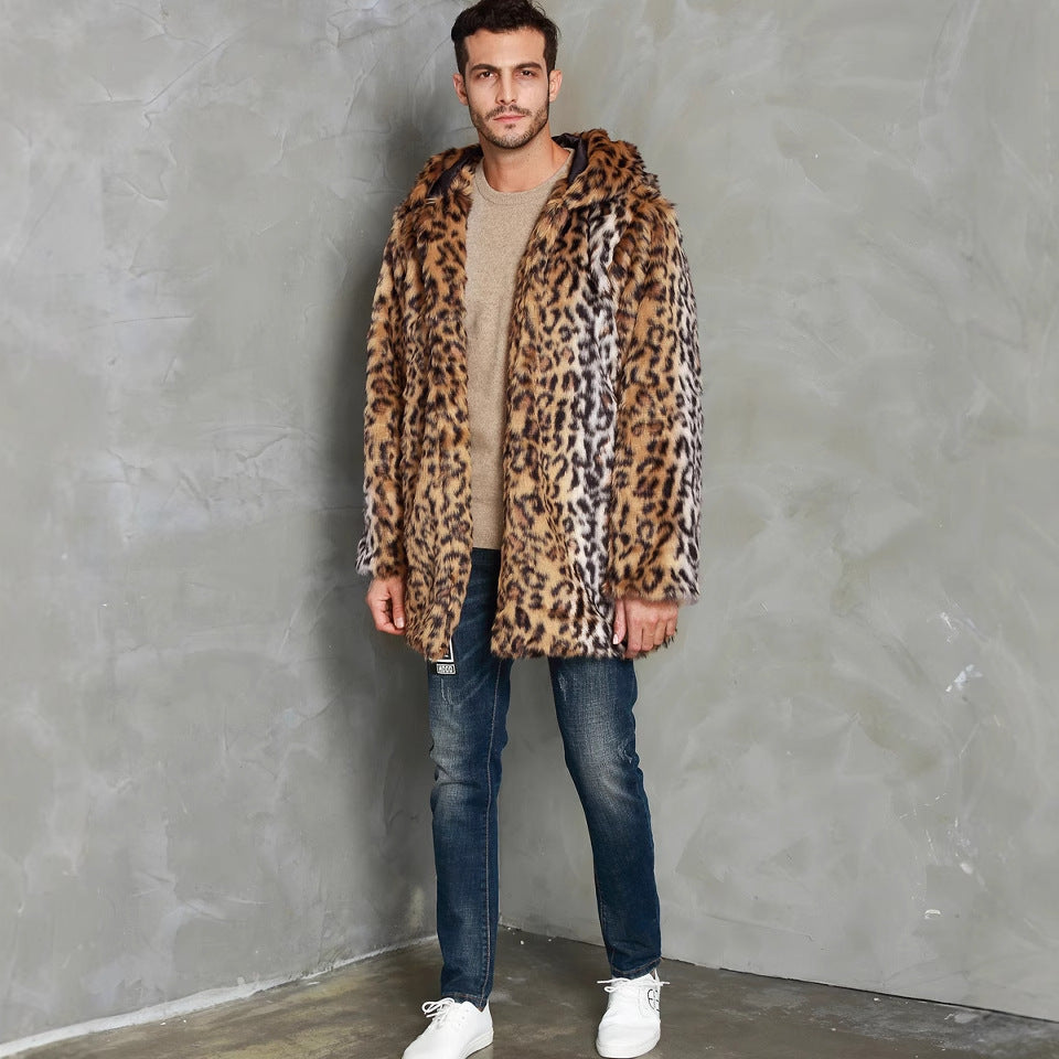 Herren Modischer Kunstpelzmantel mit Kapuze und elegantem Schnitt EB