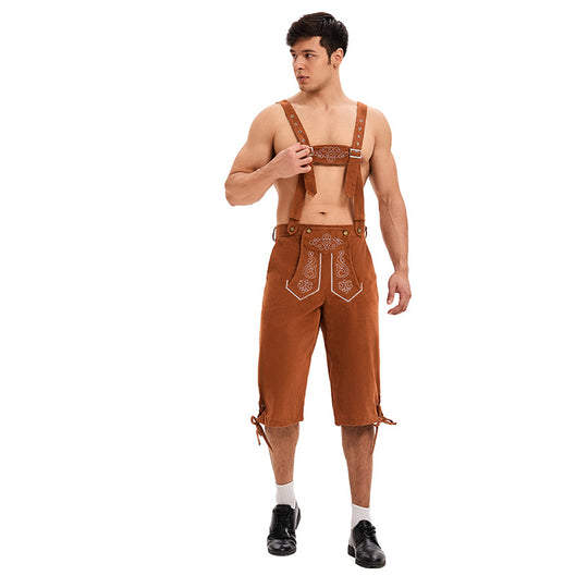 Herren nan knielange traditionelle Lederhose mit besticktem Brustlatz und verstellbaren Trägern EB