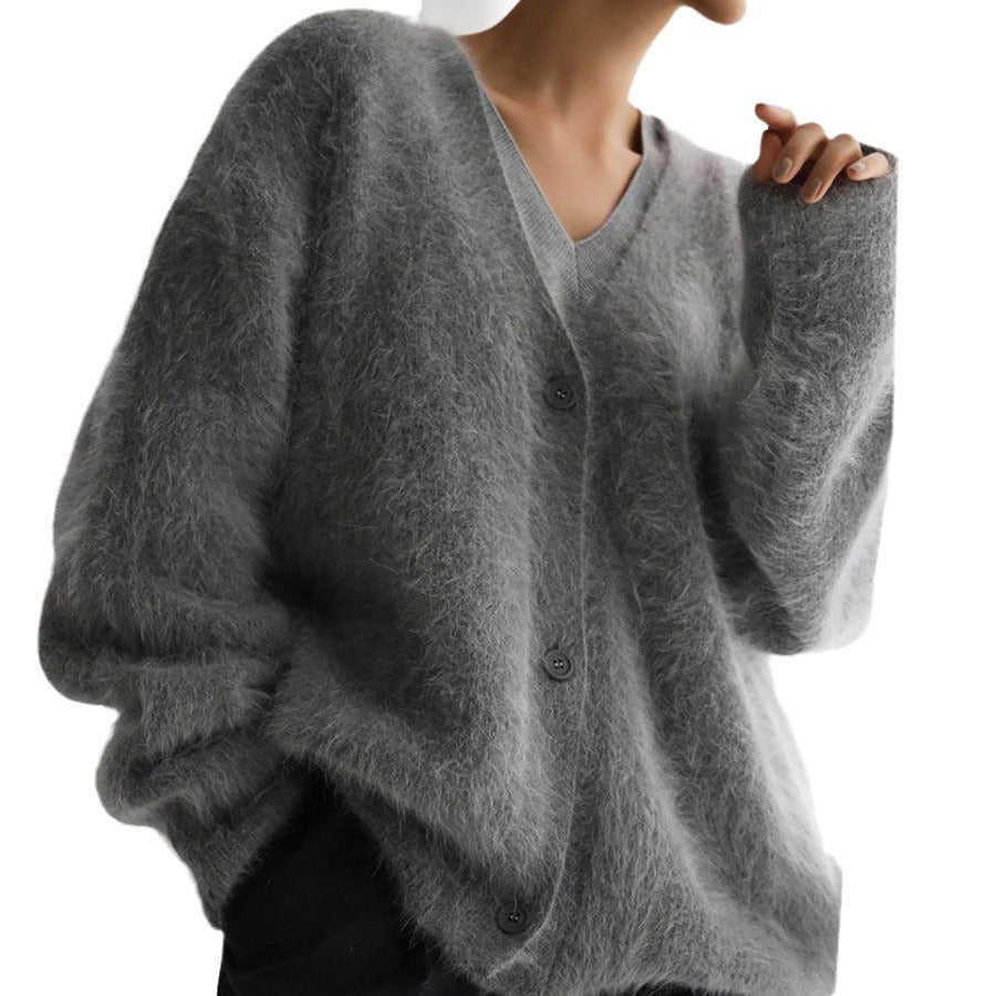 Damen Flauschiger Oversize-Knopfcardigan mit tiefem V-Ausschnitt und Eingrifftaschen EB