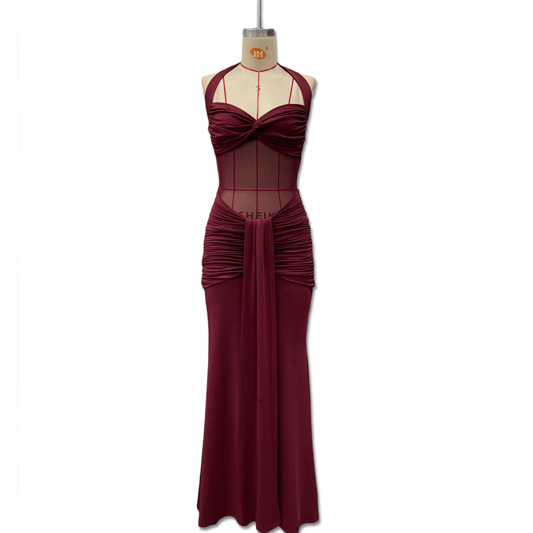 Damen Elegantes Maxikleid mit Tiefem Rückenausschnitt und Raffinierten Falten EB