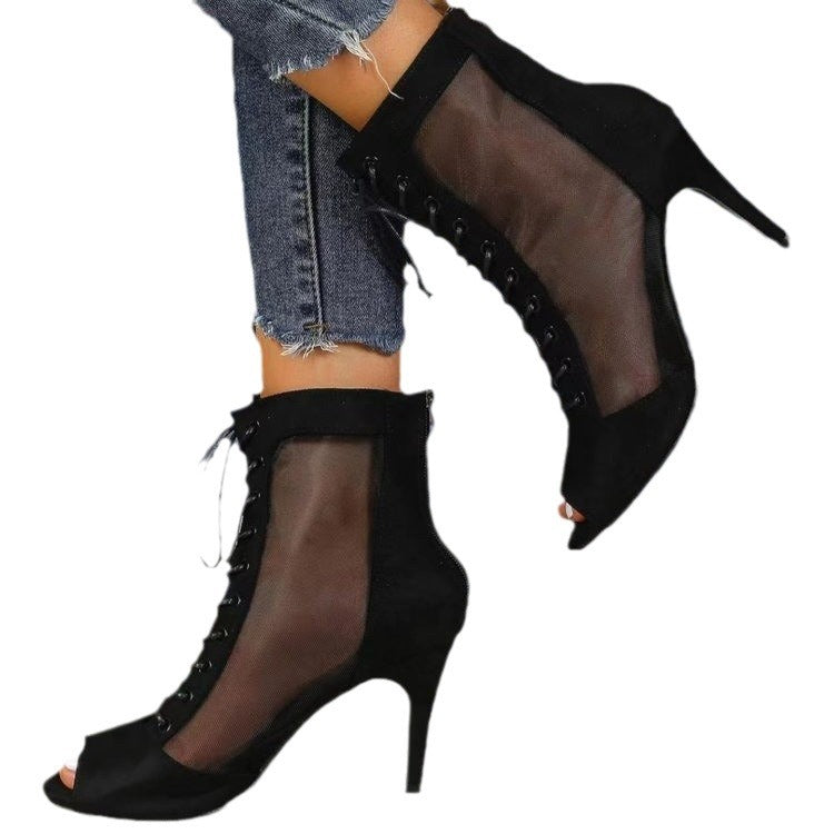Damen Halboffene High Heel Stiefel mit transparentem Seiteneinsatz und Schnürung EB