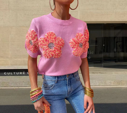 Damen Modischer Strickpullover mit floralen Applikationen EB
