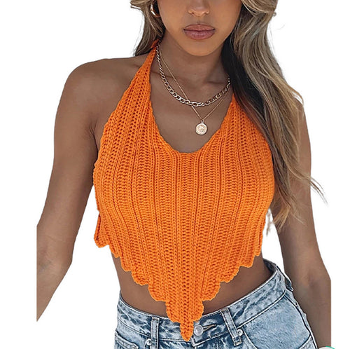 Damen Strick-Crop-Top mit asymmetrischem Saum und stilvollem Häkelmuster EB