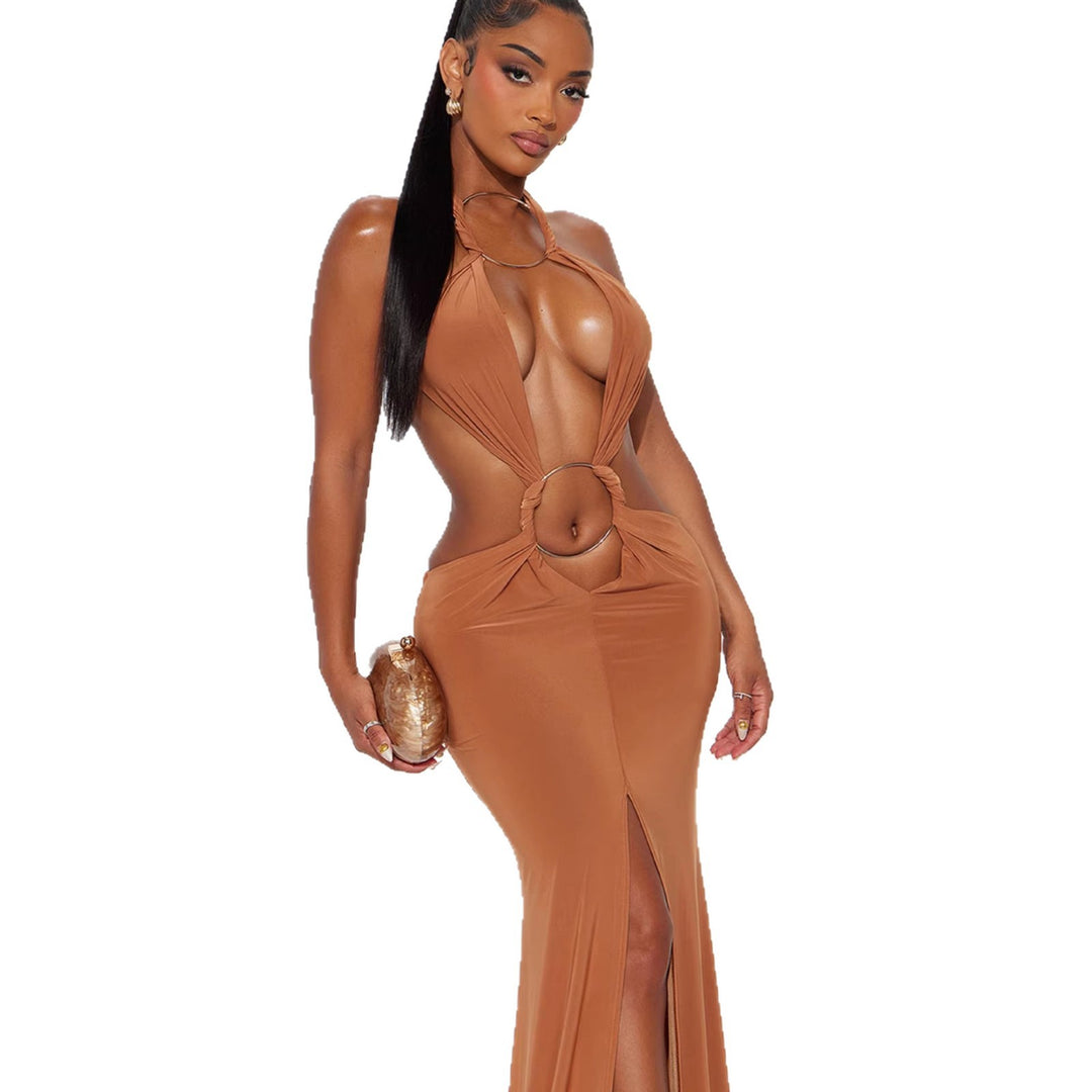 Damen aufregendes Maxikleid mit tiefem V-Ausschnitt und eleganten Raffungselementen EB