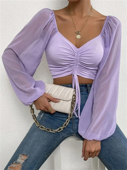 Damen Crop-Top mit strukturiertem Körper und eleganten Puffärmeln EB