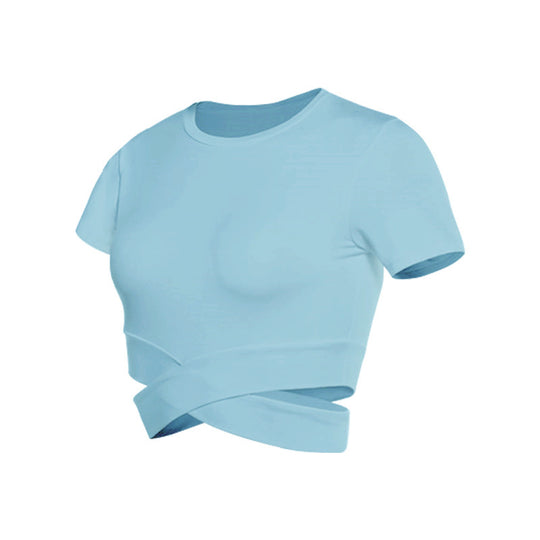 Damen kurzärmliges Trainings-Crop-Top mit innovativer Wickeloptik EB