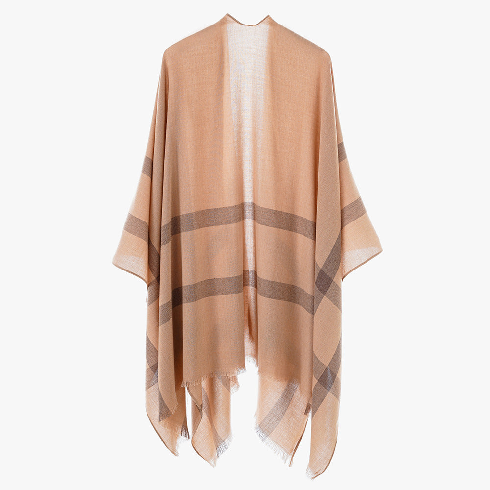 Damen Leichter V-Ausschnitt-Poncho aus feinem Gewebe mit diagonalen Kontraststreifen EB