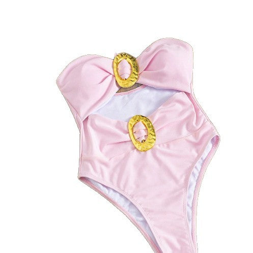 Damen Einteiler Badeanzug mit dekorativem Halterneck und goldenen Akzenten EB