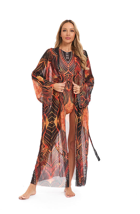 Damen eleganter transparenter Strandkimono mit floralem Design EB