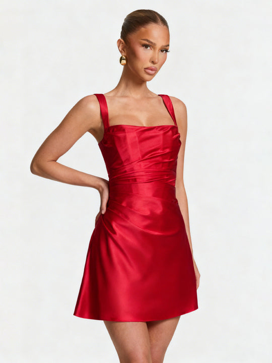 Damen Elegantes Cocktailkleid mit schickem Quadrat-Ausschnitt und fließendem Satin EB