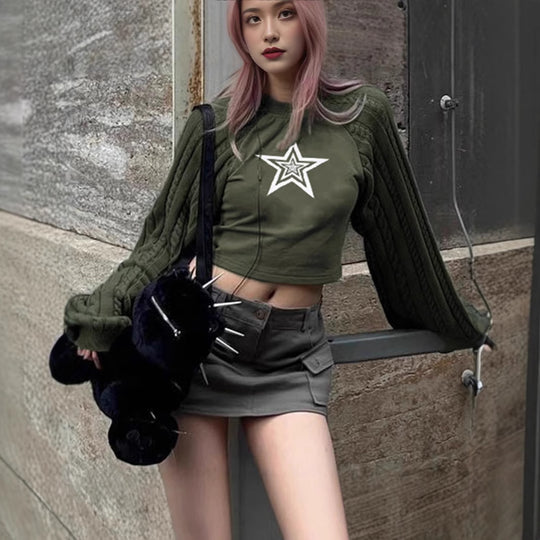 Damen Cropped Pullover mit grafischem Sternenmotiv und strukturiertem Armdesign EB
