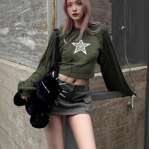 Damen Cropped Pullover mit grafischem Sternenmotiv und strukturiertem Armdesign EB