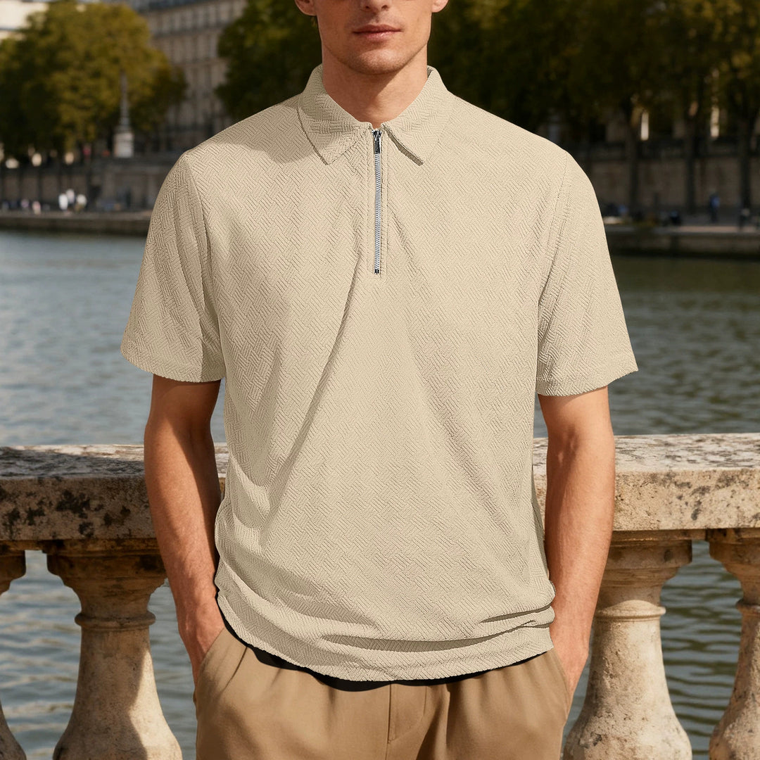 Herren nan schmal geschnittenes Halbzip-Polo mit feiner Fischgrät-Jacquardstruktur EB