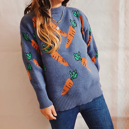 Damen lässiger Pullover mit buntem Karottenmotiv EB