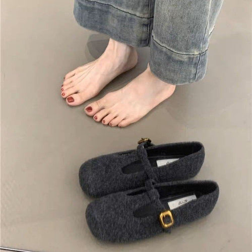 Damen elegante Filz-Ballerinas mit dekorativem Riemchen und bequemer Sohle EB