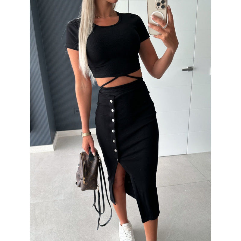 Frauen Ripp-Crop-Top und geknöpfter Midi-Rock Set EB