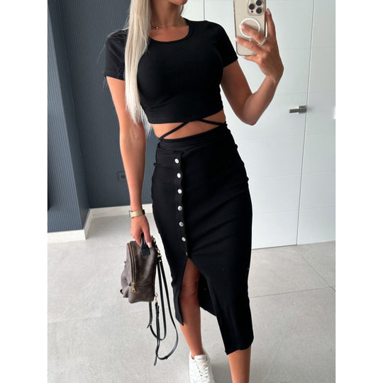 Frauen Ripp-Crop-Top und geknöpfter Midi-Rock Set EB