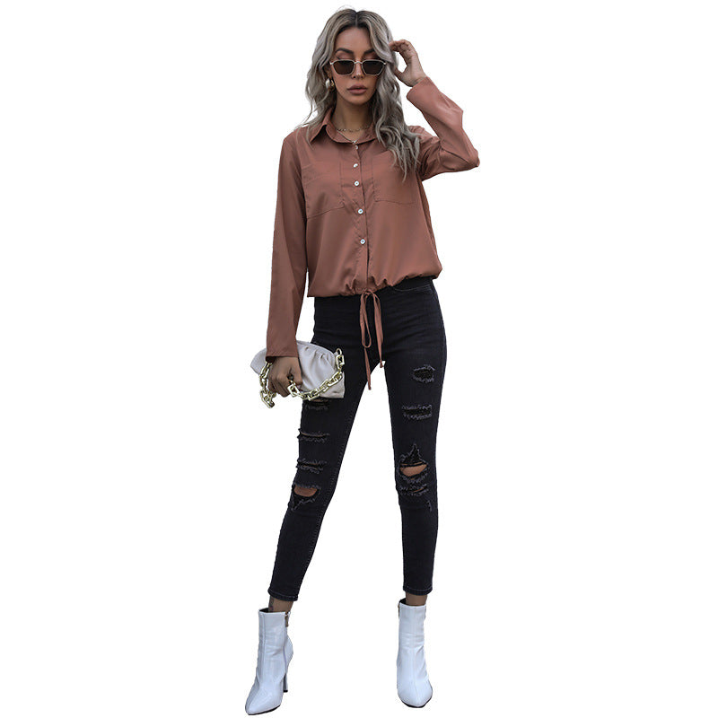 Damen Elegante Bluse mit Krawattenverschluss und Brusttaschen EB