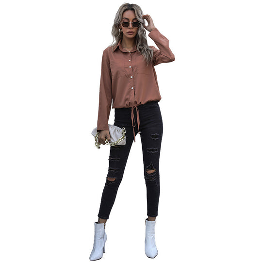 Damen Elegante Bluse mit Krawattenverschluss und Brusttaschen EB