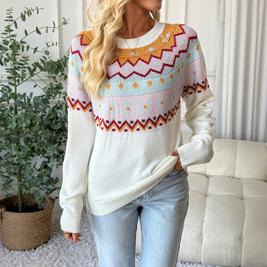 Damen Strickpullover mit traditionellem Muster und überschnittenen Schultern EB