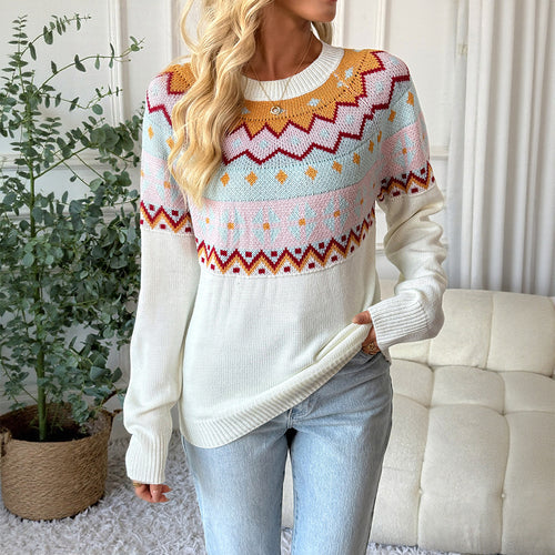 Damen Strickpullover mit traditionellem Muster und überschnittenen Schultern EB